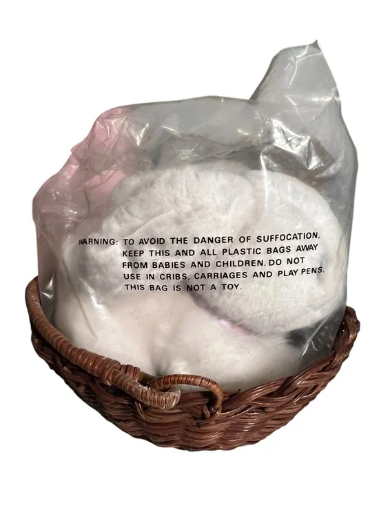 Vintage 1987 Avon Cuddlebunny Stuffed Toy in Wicker Basket White Bunny Handle