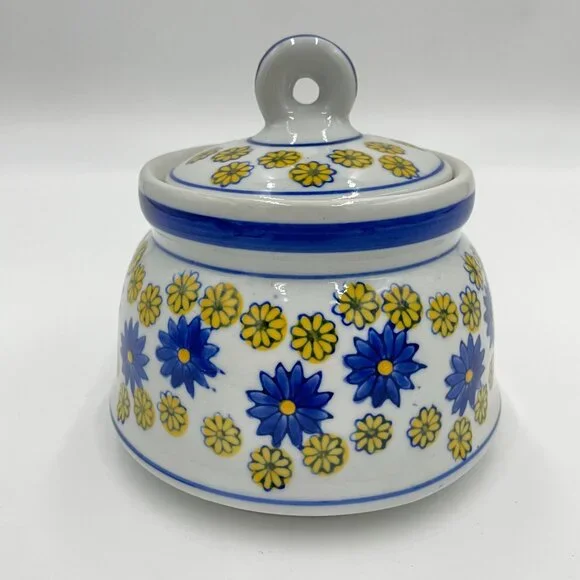 Vintage Jar‎ Small Floral Lid Keepsakes Ceramic White Blue Yellow Daisies Signed
