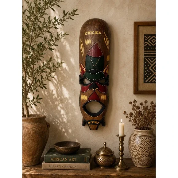 Hand Carved Wooden African Tribal Mask Wall Decor Hand Painted Folk Art 16 Inch