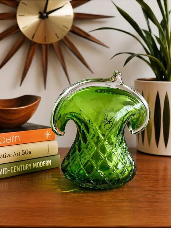 Vintage Hand Blown Green Art Glass Vase MG Creative Artisans Westlake Village