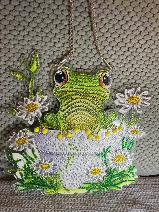 New Whimsicle Frog and Floral Completed Diamond Art Sun Catcher With Chain