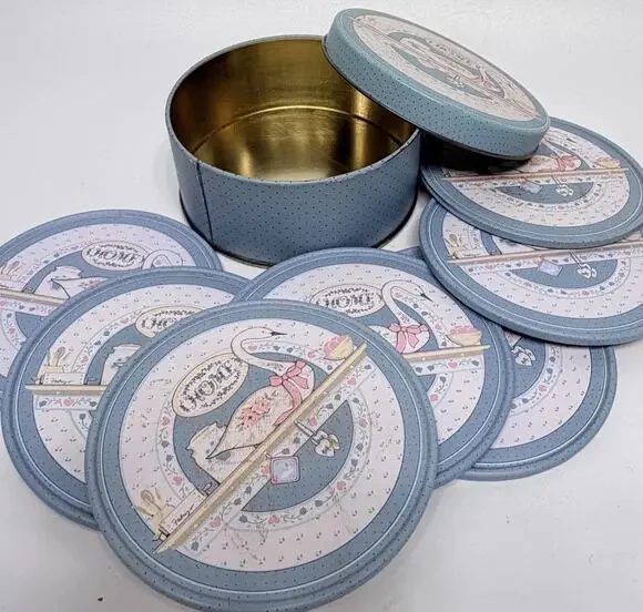 Set 7 Vintage Goose Geese Bow Metal Tin Coasters Blue Pink Cottagecore