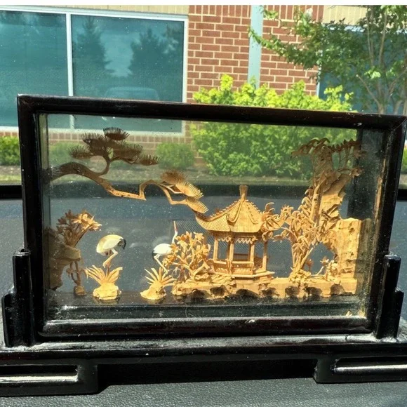 Vintage Chinese art cork diorama pagoda cranes glass lacquer‎ #213