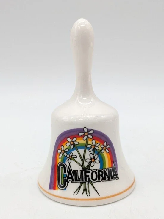 Vintage California White Rainbow Daisy Floral Ceramic Souvenir Bell