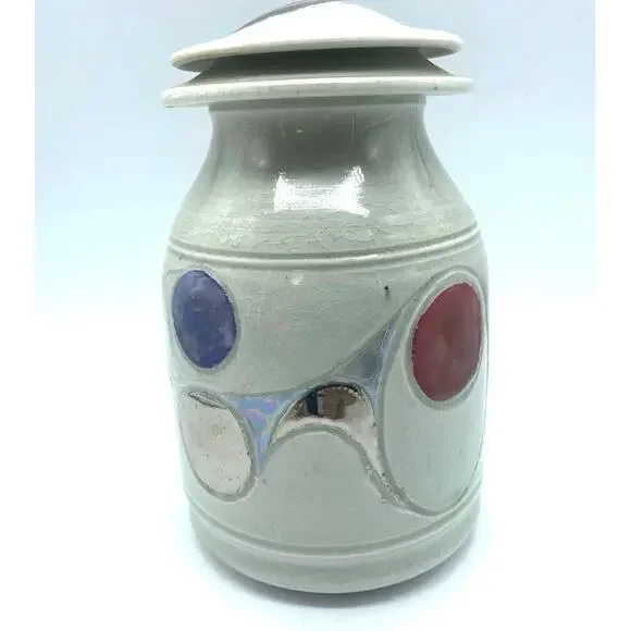 Blue, silver‎  & Red Ceramic Lidded Jar pottery, Modern Abstract design function