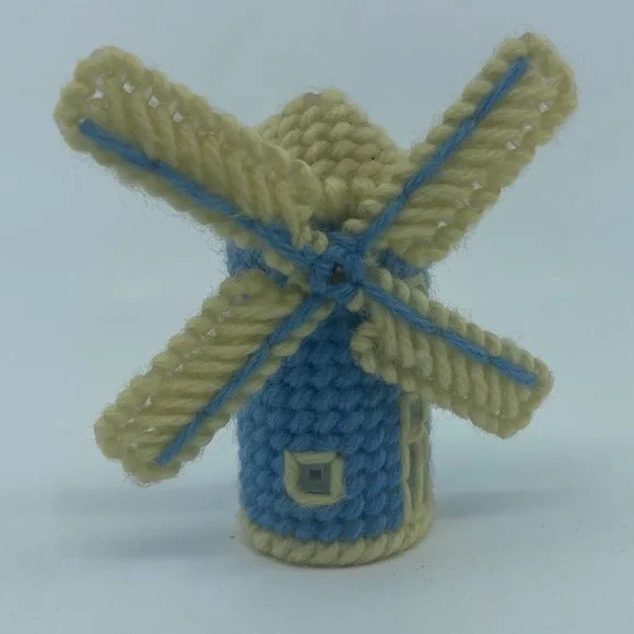 Handmade Miniature Crochet Windmill Blue Cream Plastic Canvas Dutch‎ 11