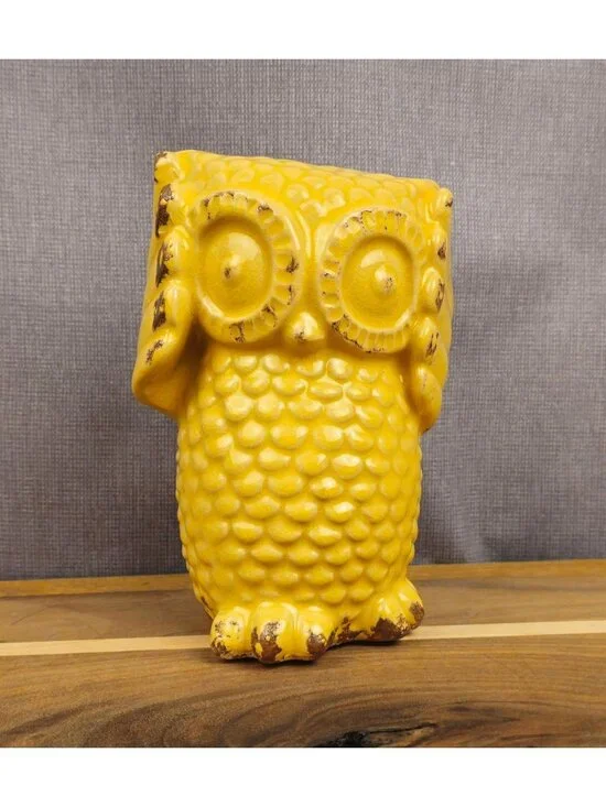 Vintage Yellow Ceramic Owl Figurine 6 In Tall Textured Glazed Decor