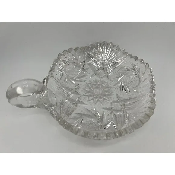 Vintage American Brilliant‎ Cut Crystal Glass Decor Sawtooth Edges Handled Nappy