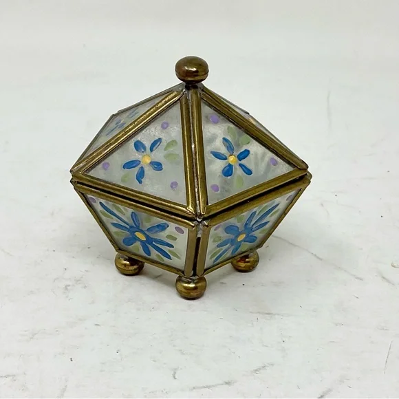 Decorative Floral Glass Box with Brass Accents vintage