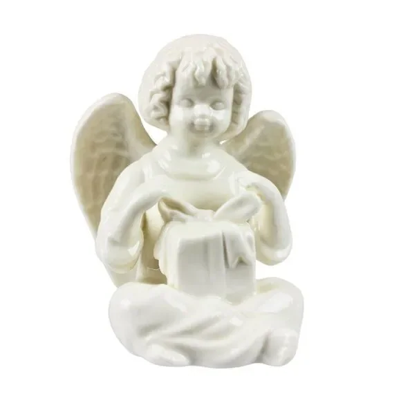 Ceramic Porcelain White Sitting Angel Holding Gift Box w/ Box Kitsch Cottagecore