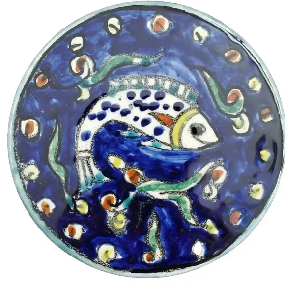 Jerusalem Hand Painted Ceramic Round Wall Plate 4.5 inches with Wall Hanger VTG