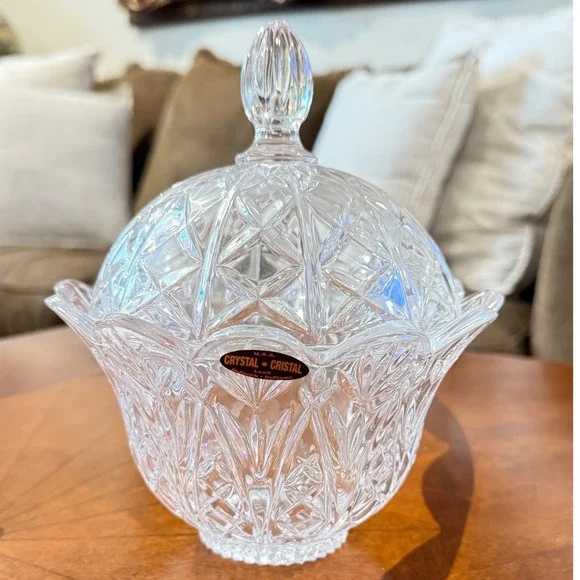 Deplomb Cut Crystal Candy Dish w‎ Lid Vintage Diamond Pattern Trinket Bowl