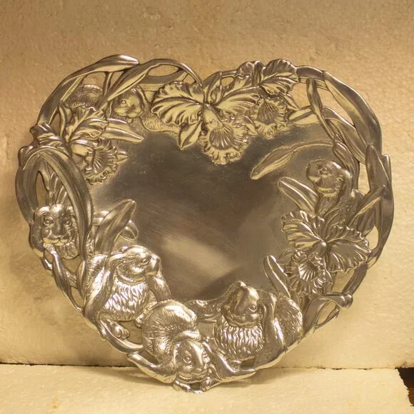 Vintage Arthur Court Heart Plate with Bunnies and Orchids Aluminum 10 Inch