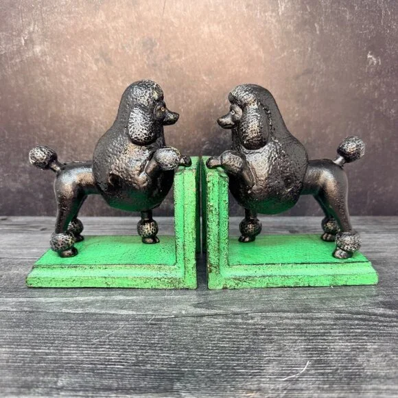 Cast Iron Black Poodle Dog Bookends Pair Vintage Style Midcentury MCM Heavy‎