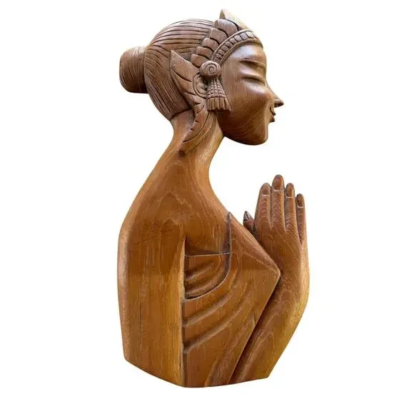 MCM VINTAGE Thai Teak Wood Carving Praying Woman Wai Wall Plaque Art Decor
