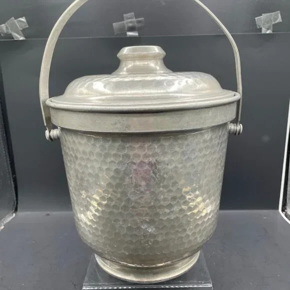 Hammered Aluminum Ice Bucket with Lid Made in Italy Vintage Barware