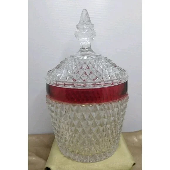 Indiana Glass Diamond Point Ruby Flash Red Ice Bucket w Lid 10.5” NIB