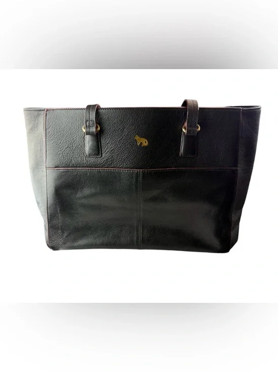 Black Leather Tote Bag with Gold Accent