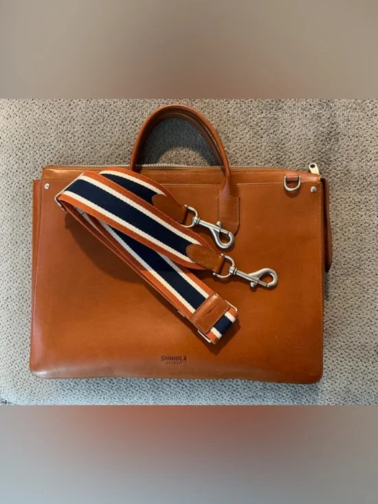 Shinola Brown Leather Brief with Navy & Tan Striped Shoulder Strap