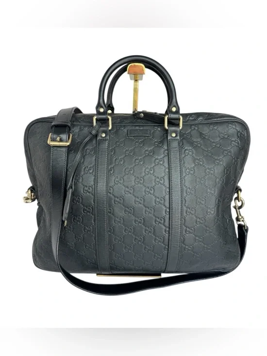 Gucci Black Embossed GG Leather Briefcase with Shoulder Strap