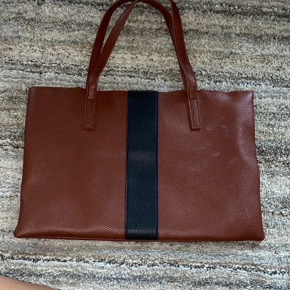 Vince Camuto Brown Leather Tote with Black Center Stripe (3.5)
