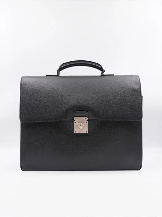 Louis Vuitton Briefcase Black Textured Leather Briefcase with Silver Lock