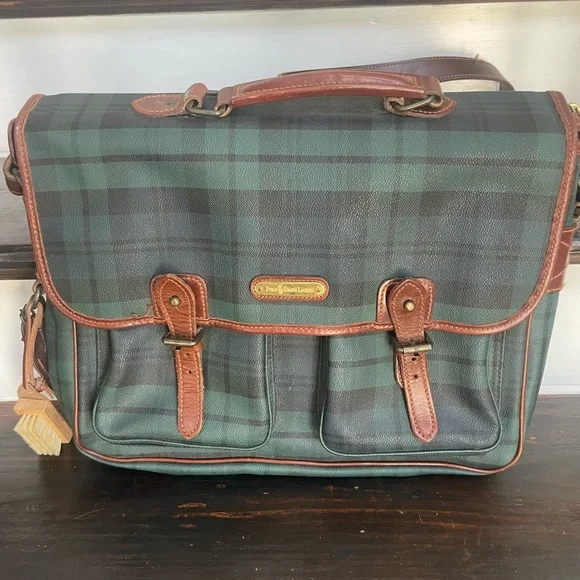 Polo by Ralph Lauren Green and Black Plaid Leather-Trim Messenger Briefcase