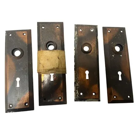 Set Of 6 Antique Japanned Backplate Door Lock Escutcheons-Copper Flash-VG+ COND