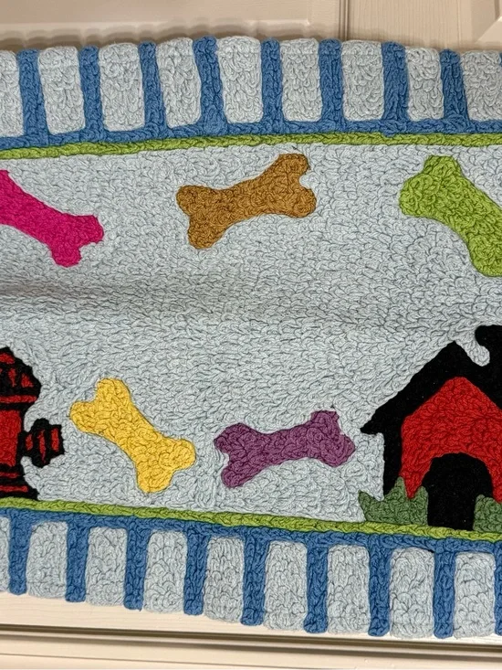 Cheerful Blue Dog Bone Door Mat with Multicolor Accents
