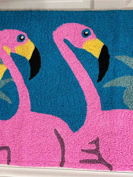 Pink Flamingo Hooked Door Mat in Pink and Blue