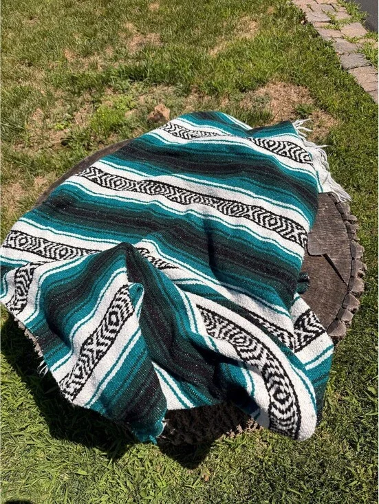 Traditional Mexican Falsa Blanket Woven Yoga Beach Serape - Teal Black White