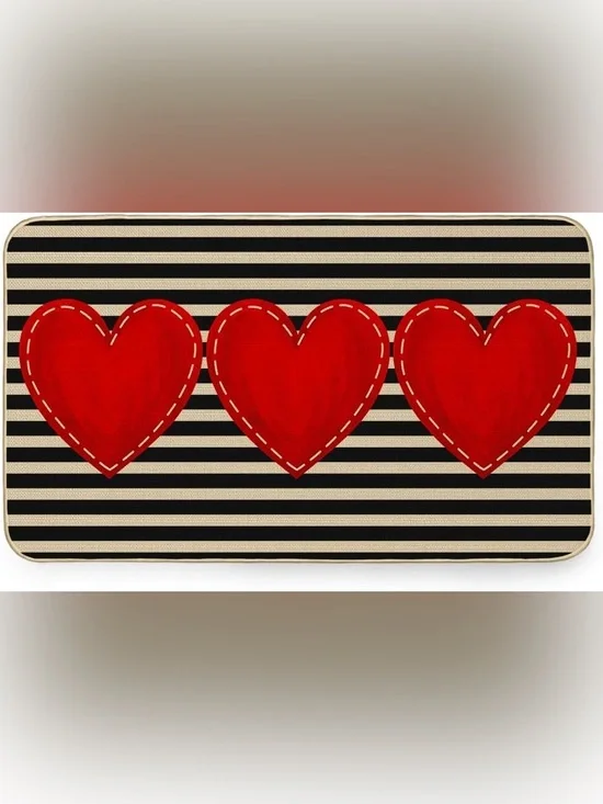 Striped Black & Cream Doormat with Red Heart Trio