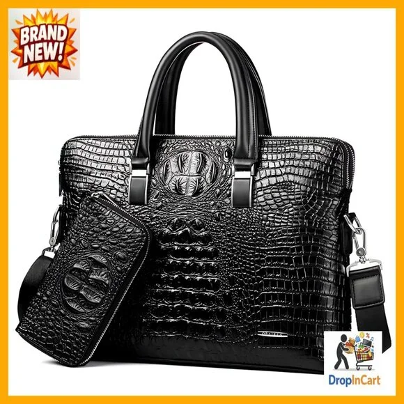 Leather Business Briefcase Classic Crocodile Pattern Handmade Shoulder Bag