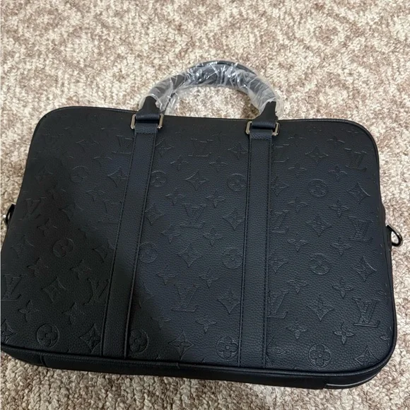 Black Monogram Embossed Leather Briefcase Laptop Bag