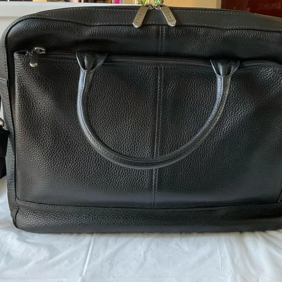BOSCA  Black Pebbled Leather Slim Briefcase Laptop Bag