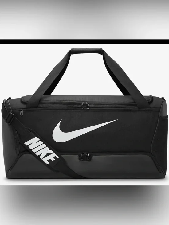 NWT Nike Black Duffel Bag with White Swoosh and Logo Strap