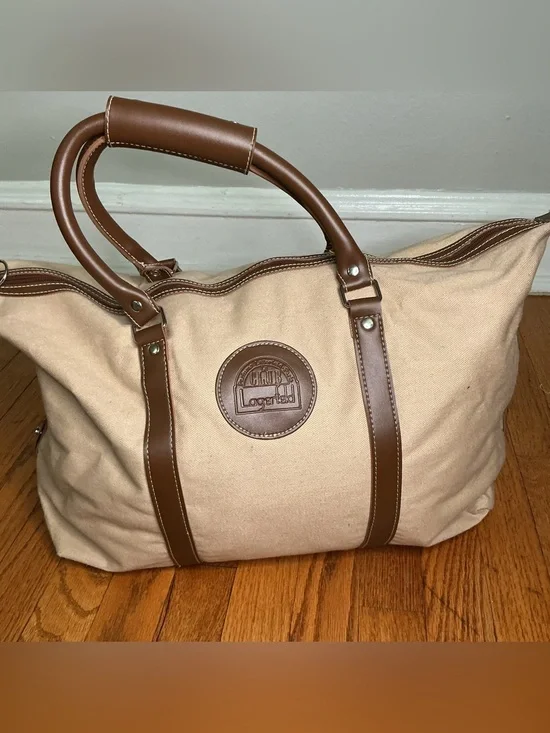 Lagerfeld “Club Parfums” Vintage Travel Tote Tan Canvas with Brown Trim