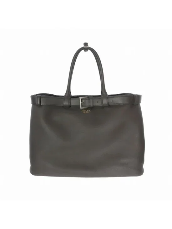 Prada Belt Buckle Leather Tote Dark Brown