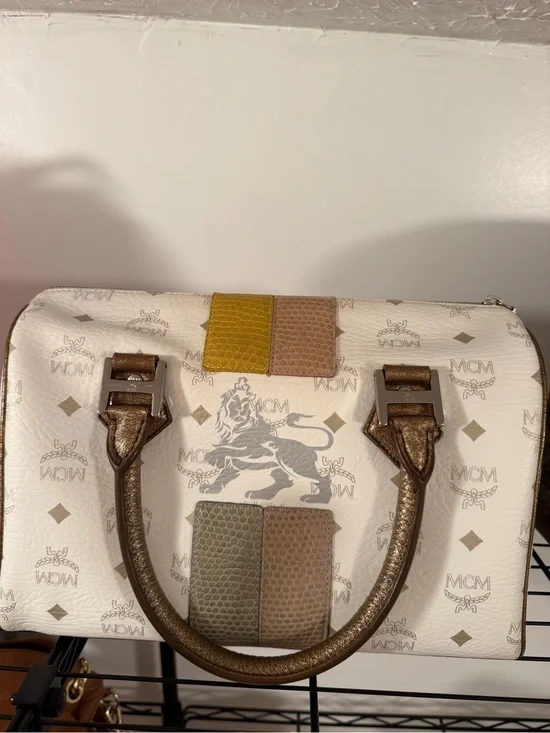 MCM White Logo Dome Satchel with Yellow, Tan and Olive Accents