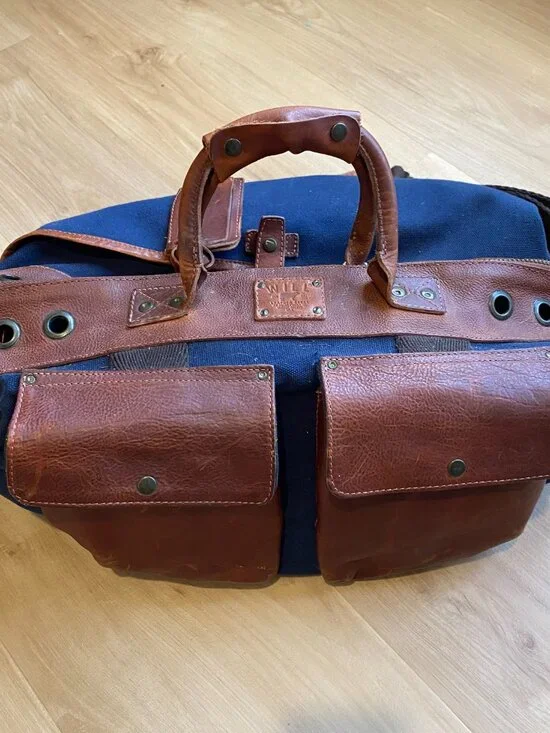Huckberry Will Leather Good Traveler Duffle Navy Tan With Strap and Luggage Tag