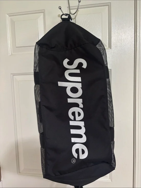 Supreme Black Duffel with White Vertical Logo