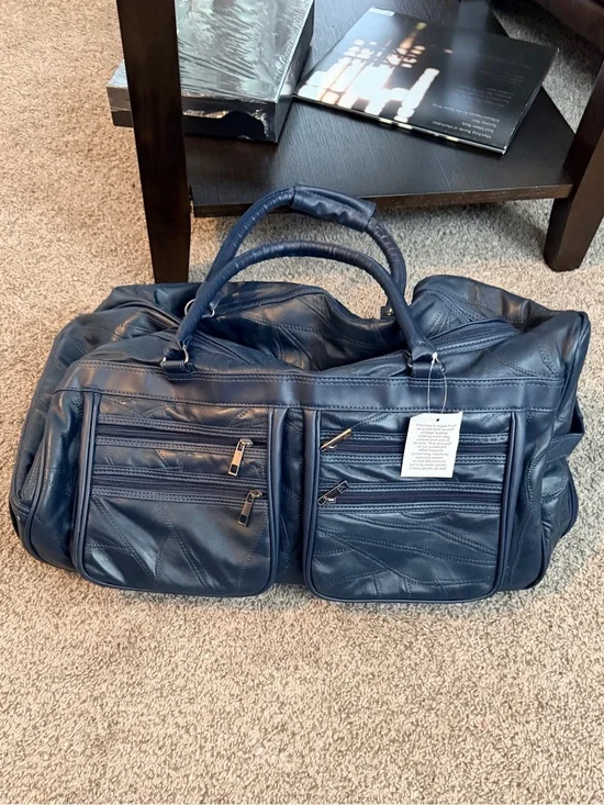 Navy Vintage Patchwork Genuine Leather Travel Carry-On Bag with Multi-Pockets