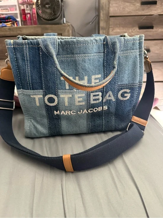 Marc Jacobs Patchwork Denim 'The Tote Bag' with Navy Strap and Tan Accents