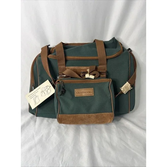 Vtg Outbrook Duffel Bag Set Green Canvas Suede Detachable Travel Organizer NEW