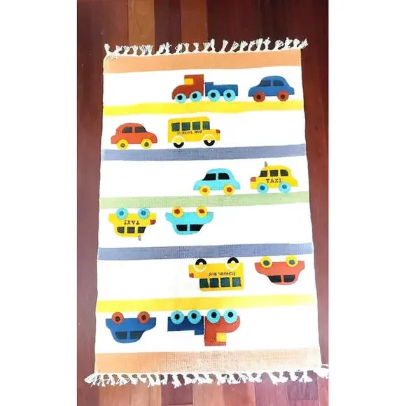 Vintage Dhurrie Rug Cotton Stencil Changing Lanes Trucks Cars School Bus