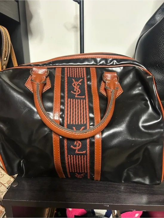 Yves Saint Laurent Black Duffel with Brown Trim and Center Stripe