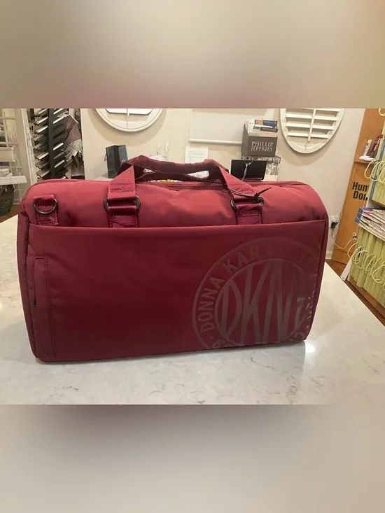 DKNY Burgundy Men's Duffel Bag with Logo