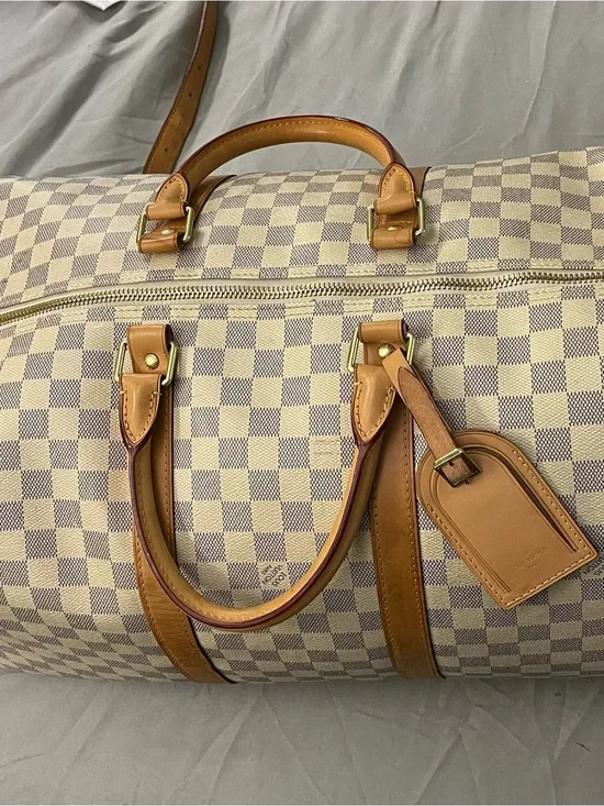 Louis Vuitton Damier Azur Canvas Duffel in Cream and Tan Leather