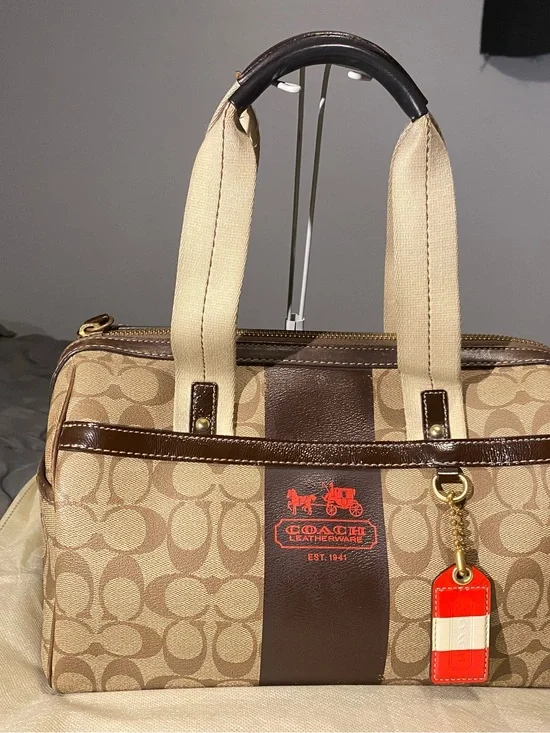 Coach Tan Signature Canvas Duffel with Brown Trim and Red Tag