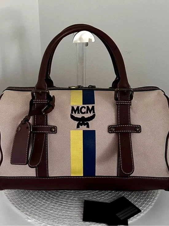 MCM Limited Beige Canvas Brown Leather Trim Boston Weekender Duffle Bag Unisex